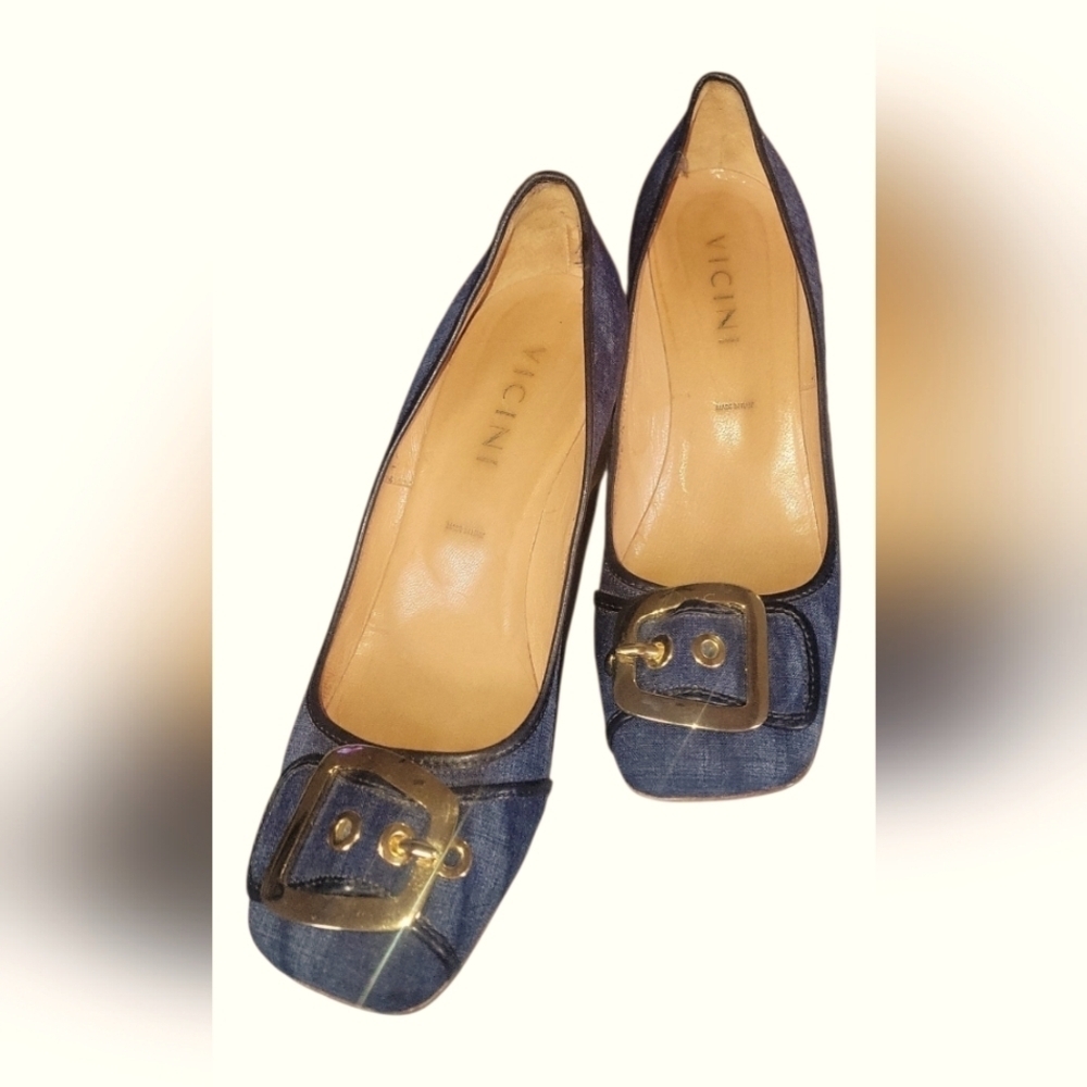 Vicini Blue Denim Square Toes Buckle on Vamp Gold Heels Women's Heels Sz 40